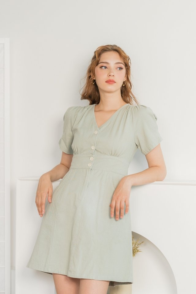 Giselle Puffed Sleeves Denim Dress in Soft Mint (XS)