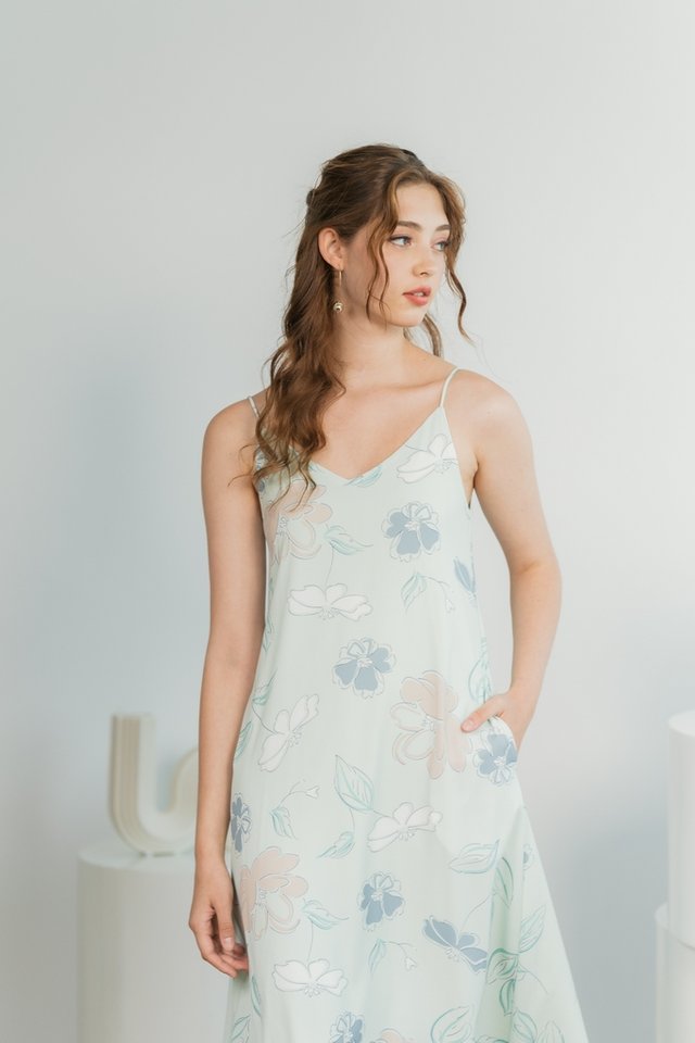 Blaire Abstract Floral Camisole Midi Dress in Soft Mint