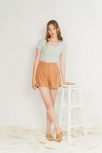 Freda Pleated High Waist Shorts in Caramel (XS)
