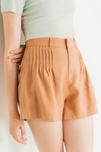 Freda Pleated High Waist Shorts in Caramel (XS)