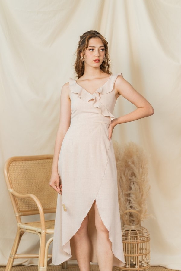 Shantel Ruffle Sleeves Midi Dress in Oatmeal(L)