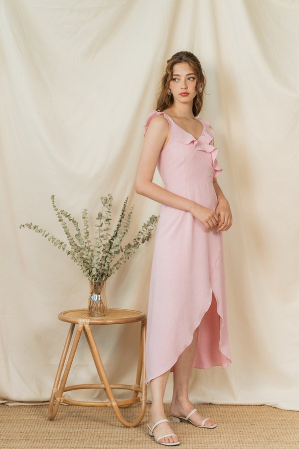 Shantel Ruffle Sleeves Midi Dress in Pink