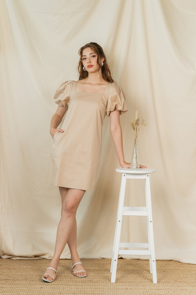 Leah Puffed Sleeves Square Neck Dress in Sand