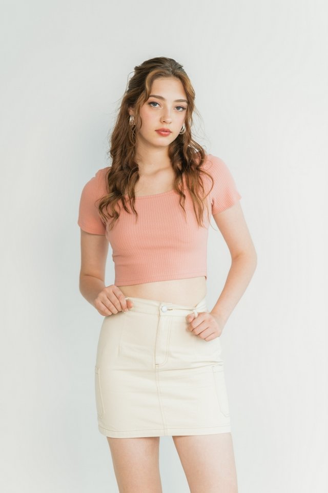 Danica Pocket Stitch Denim Skirt in Cream