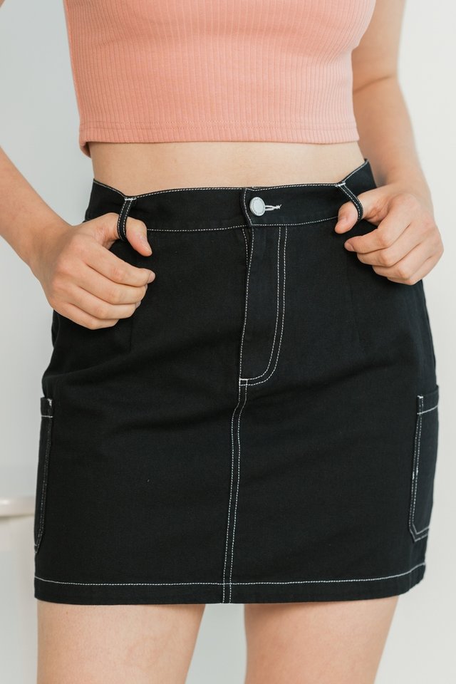 Danica Pocket Stitch Denim Skirt in Black