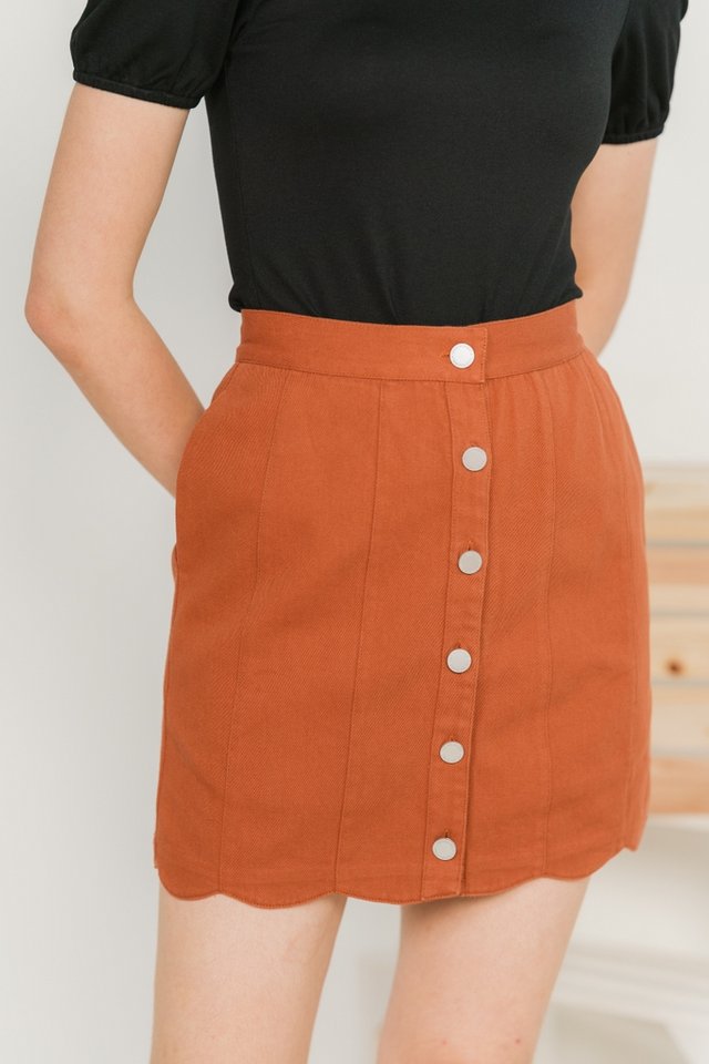 Michelle Scallop Denim Skirt in Brick