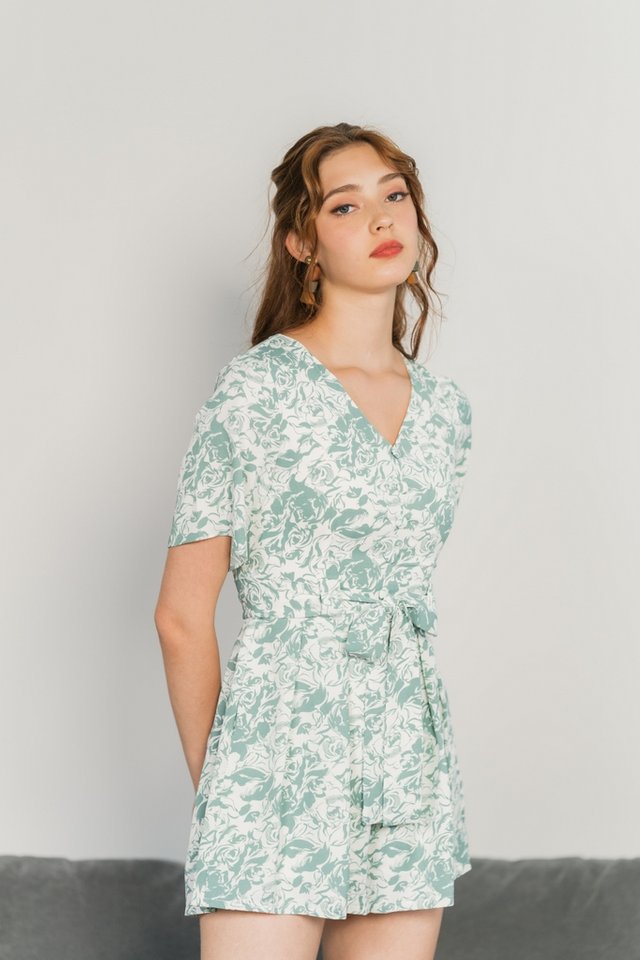 Erina Abstract Floral Romper in Jade (XS)