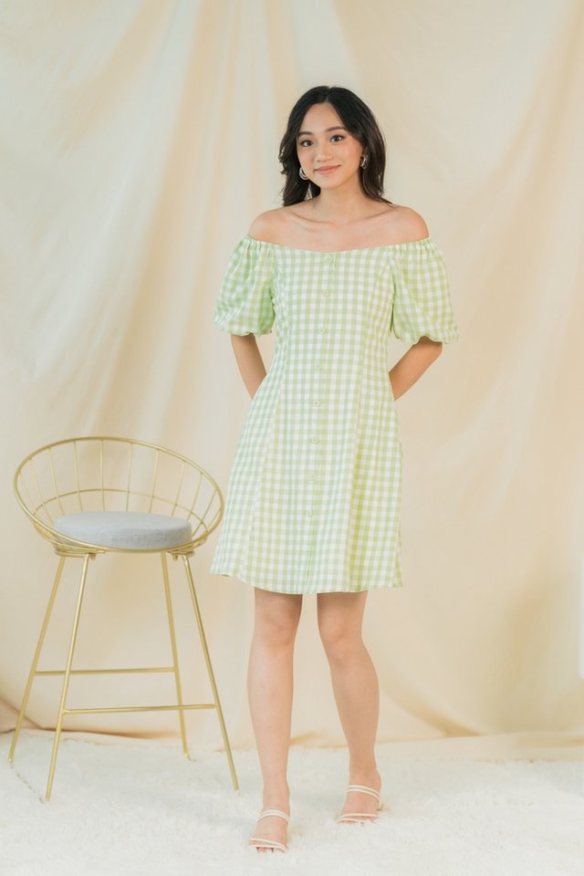 Diya 2-Way Gingham Puffed Sleeves Dress in Apple Green