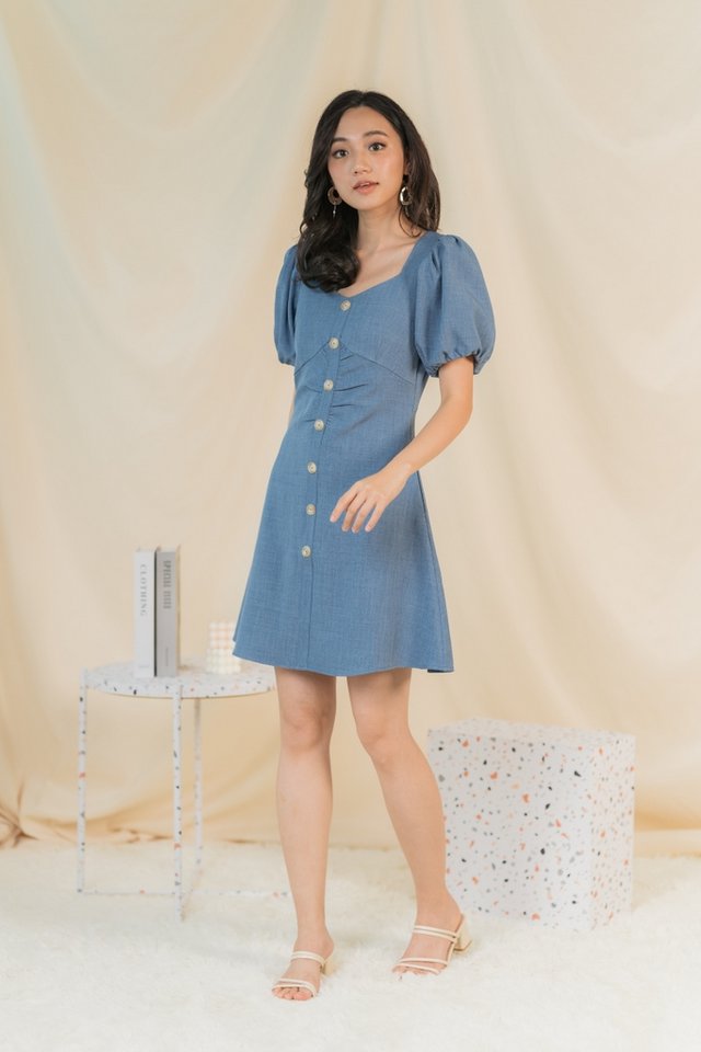 Ellie Ruched Button Dress in Denim Blue (XS)