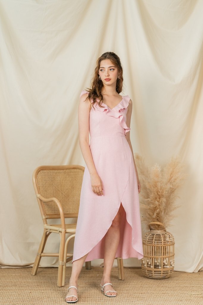 Shantel Ruffle Sleeves Midi Dress in Pink