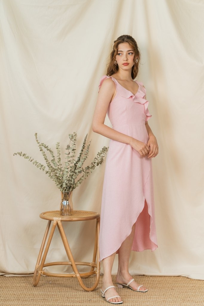 Shantel Ruffle Sleeves Midi Dress in Pink