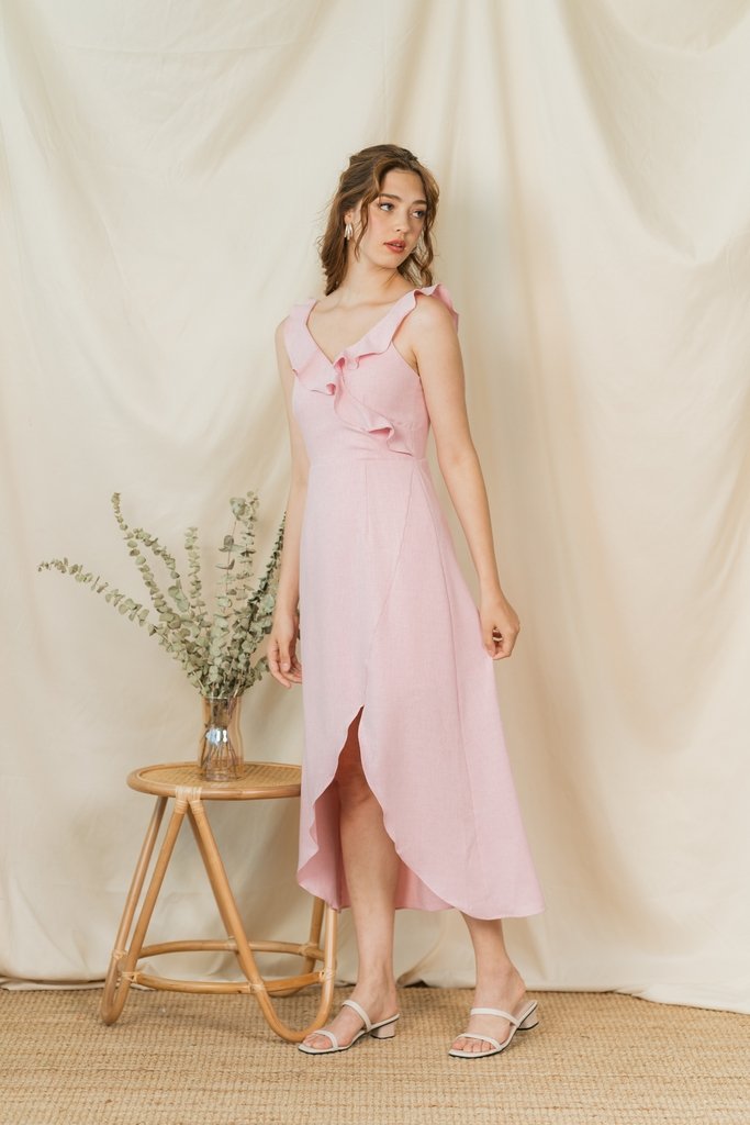 Shantel Ruffle Sleeves Midi Dress in Pink