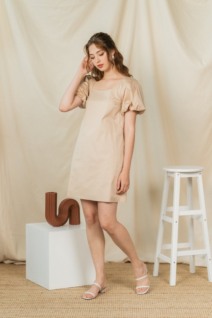 Leah Puffed Sleeves Square Neck Dress in Sand (XL)