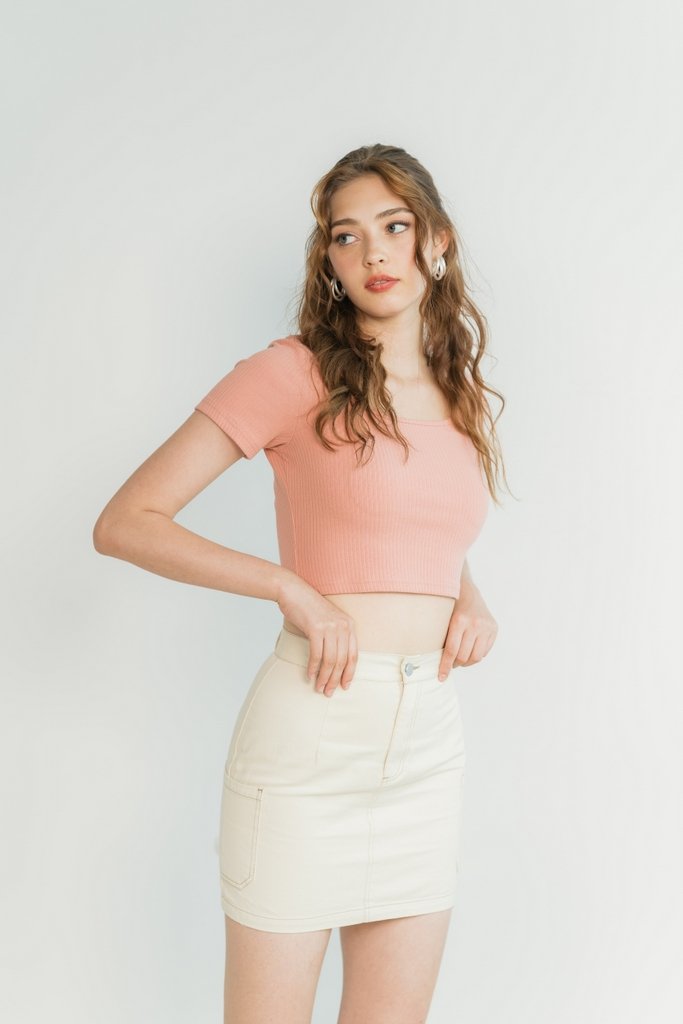 Danica Pocket Stitch Denim Skirt in Cream