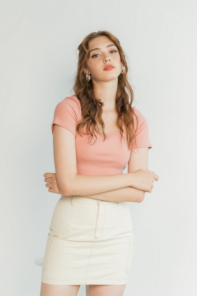 Danica Pocket Stitch Denim Skirt in Cream