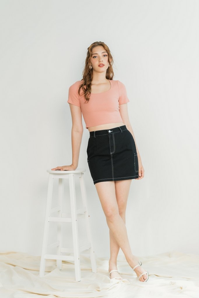 Danica Pocket Stitch Denim Skirt in Black