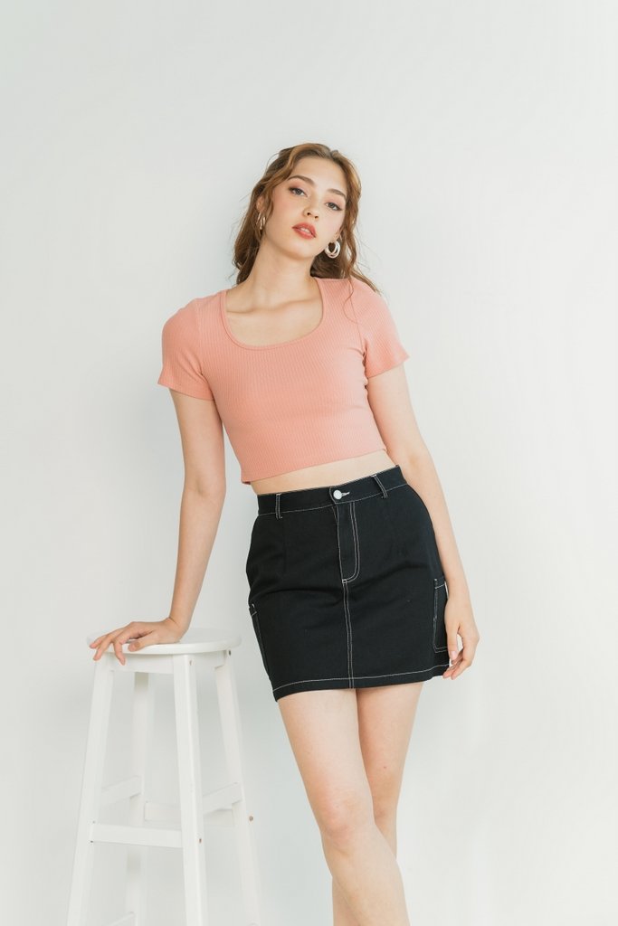Danica Pocket Stitch Denim Skirt in Black