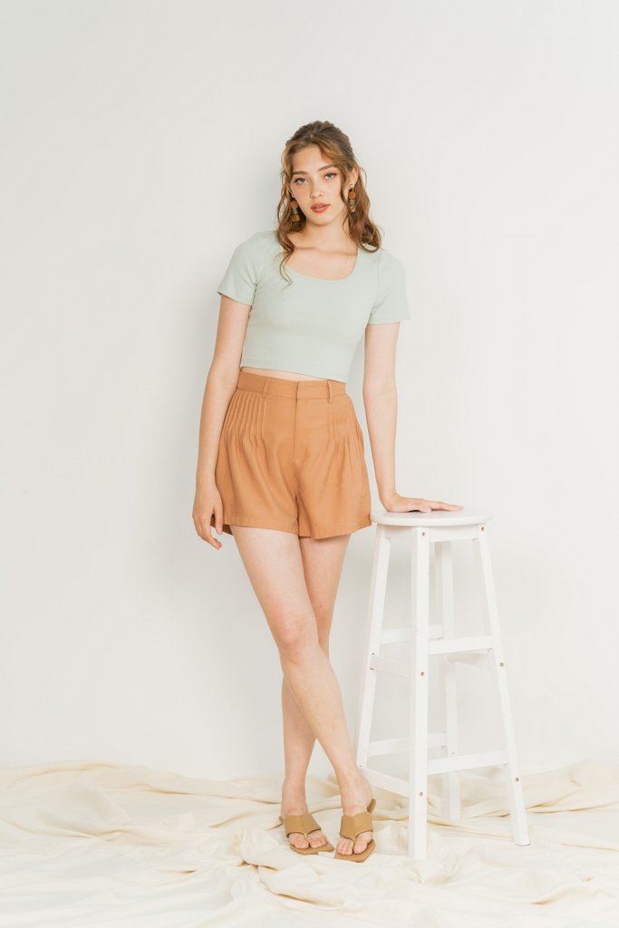 Freda Pleated High Waist Shorts in Caramel (XS)