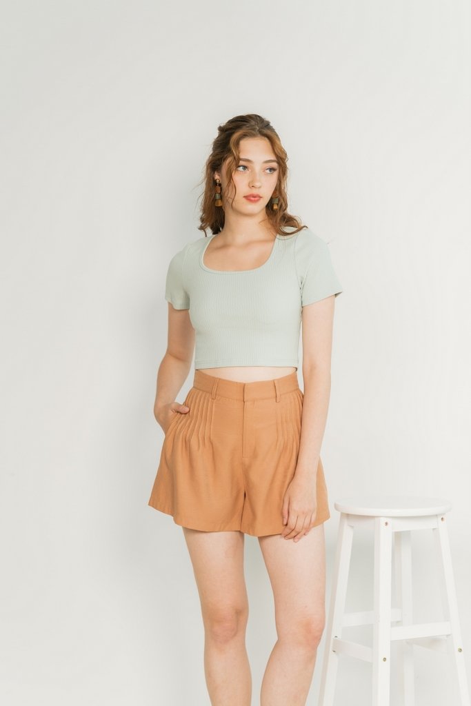Freda Pleated High Waist Shorts in Caramel (XS)