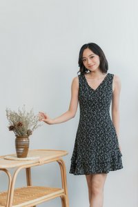 Lola Floral Button Tiered Dress in Black (XS)