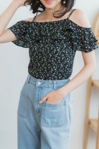 Zia Floral Ruffled Cold-Shoulder Top in Black (XS)
