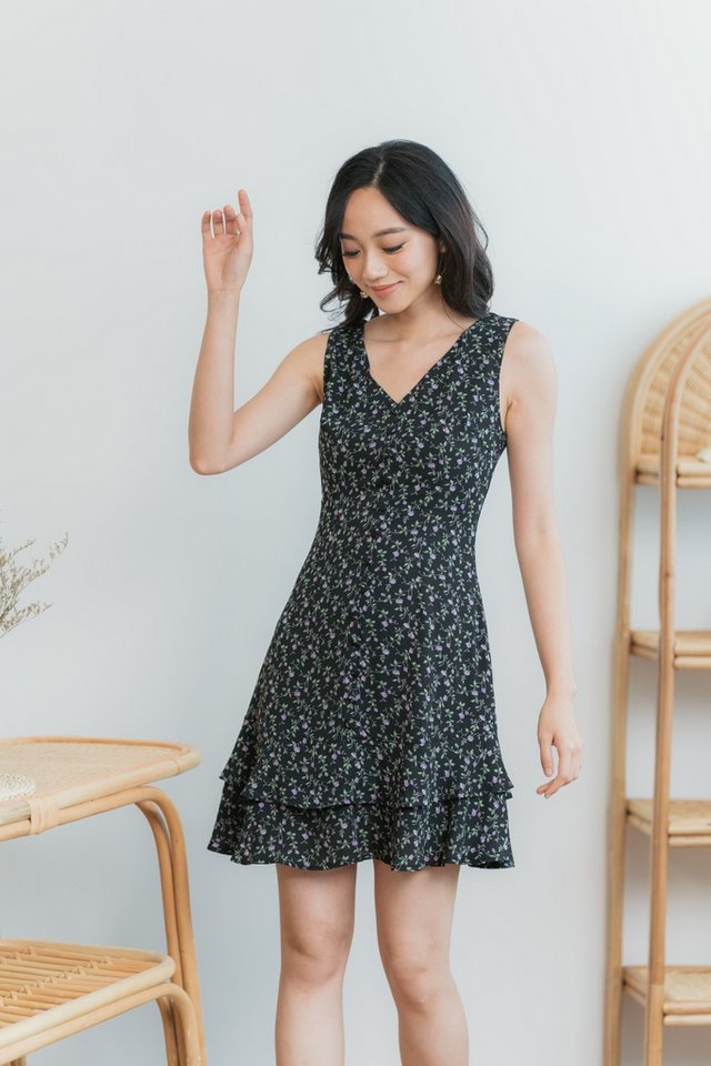 Lola Floral Button Tiered Dress in Black (XS)