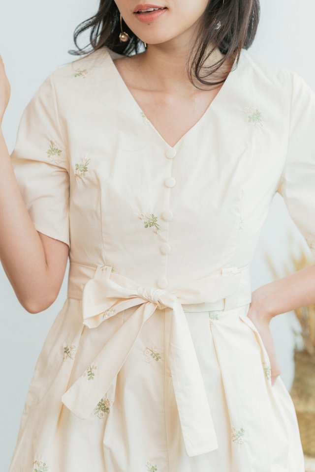 Ruth Floral Embroidery Button Romper in Cream