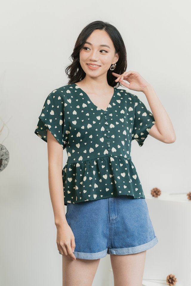 Candice Heart Shaped Button Top in Forest