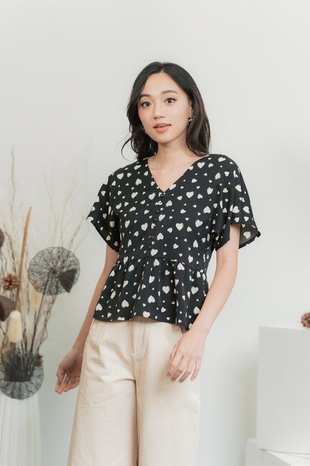 Candice Heart Shaped Button Top in Black