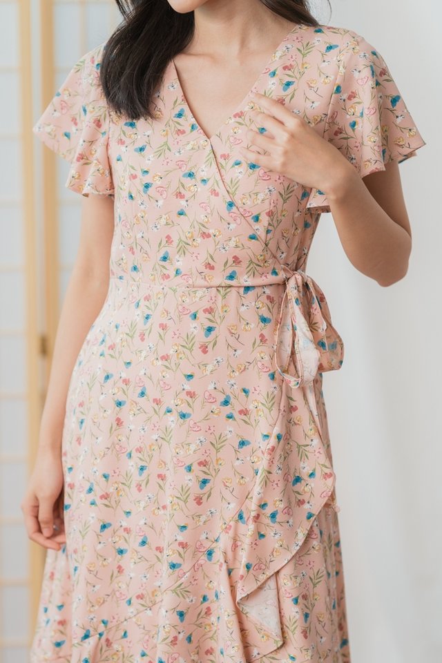 Yena Floral Ruffles Midi Dress in Blush Pink (XS)