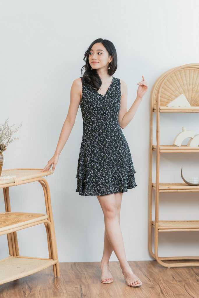 Lola Floral Button Tiered Dress in Black (XS)