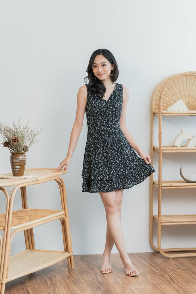 Lola Floral Button Tiered Dress in Black (XS)