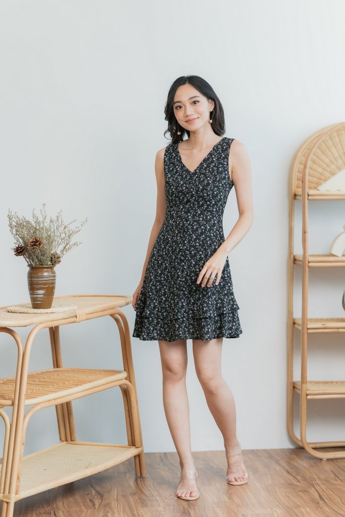 Lola Floral Button Tiered Dress in Black (XS)