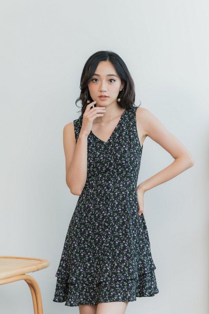 Lola Floral Button Tiered Dress in Black (XS)
