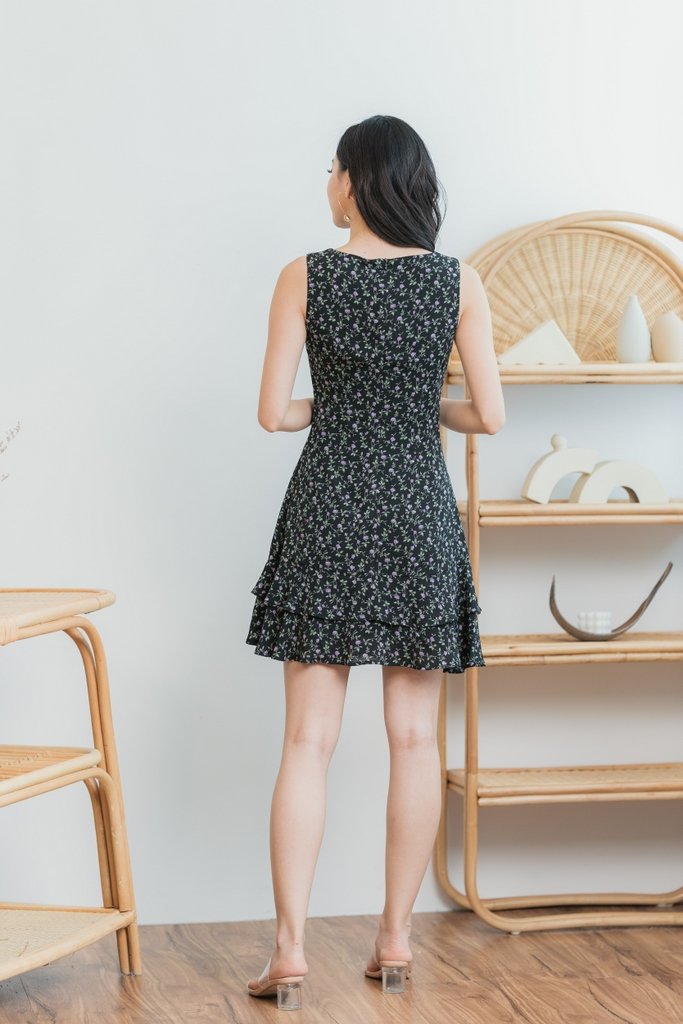 Lola Floral Button Tiered Dress in Black (XS)