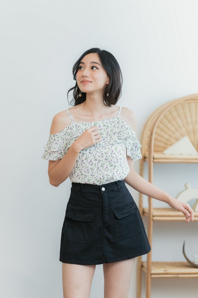 Zia Floral Ruffled Cold-Shoulder Top in White (XS)