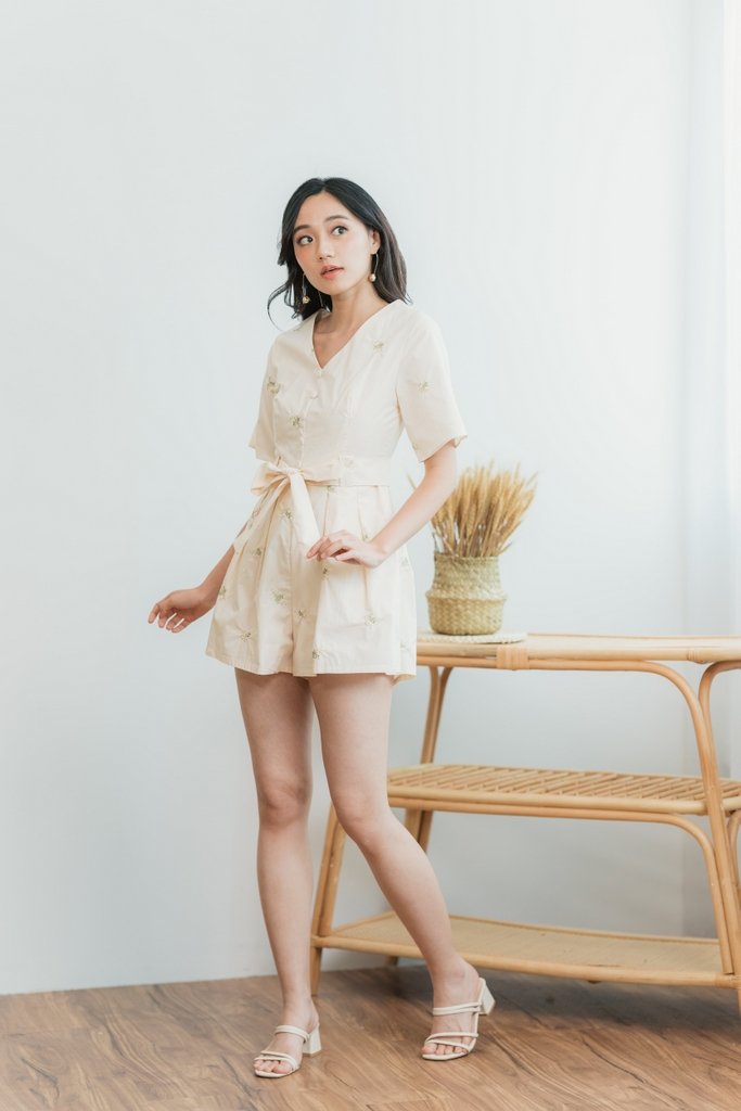 Ruth Floral Embroidery Button Romper in Cream (XS)