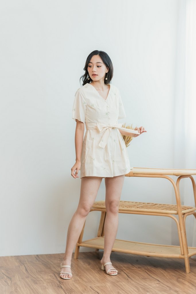 Ruth Floral Embroidery Button Romper in Cream (XS)