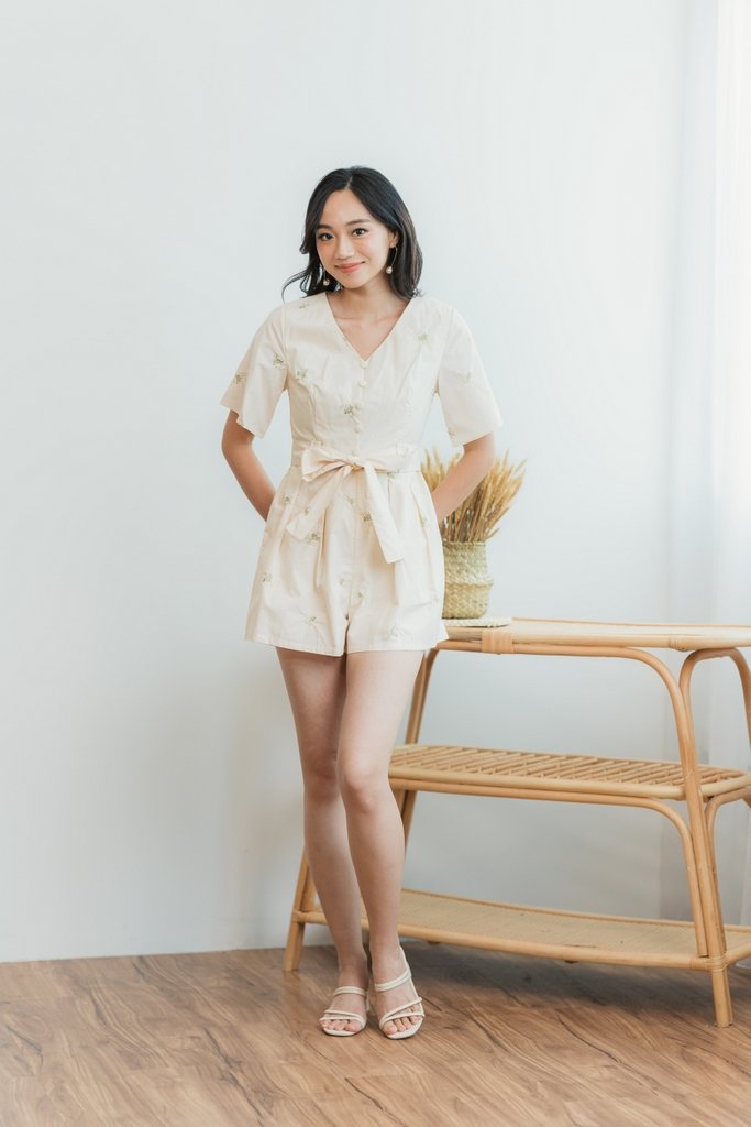 Ruth Floral Embroidery Button Romper in Cream (XS)