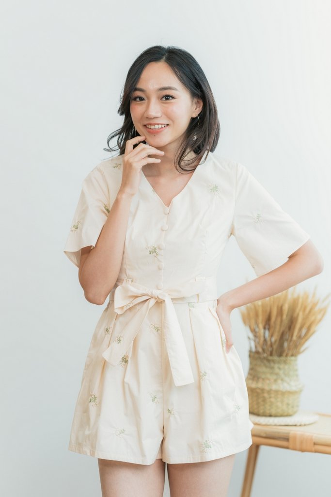 Ruth Floral Embroidery Button Romper in Cream (XS)