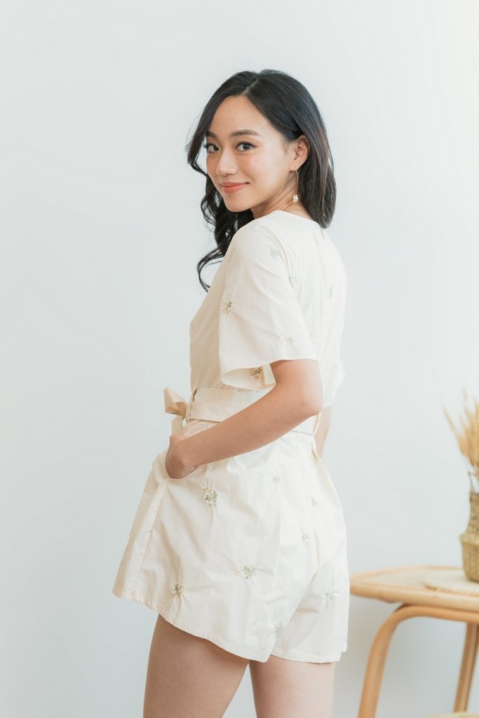 Ruth Floral Embroidery Button Romper in Cream (XS)