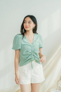 Juhi Gingham Ruched Ribbon Top in Green (XS)