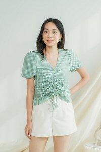 Juhi Gingham Ruched Ribbon Top in Green (XS)