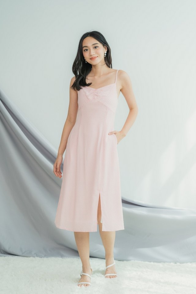 Bevlyn Gingham Ruched Midi Dress in Pink