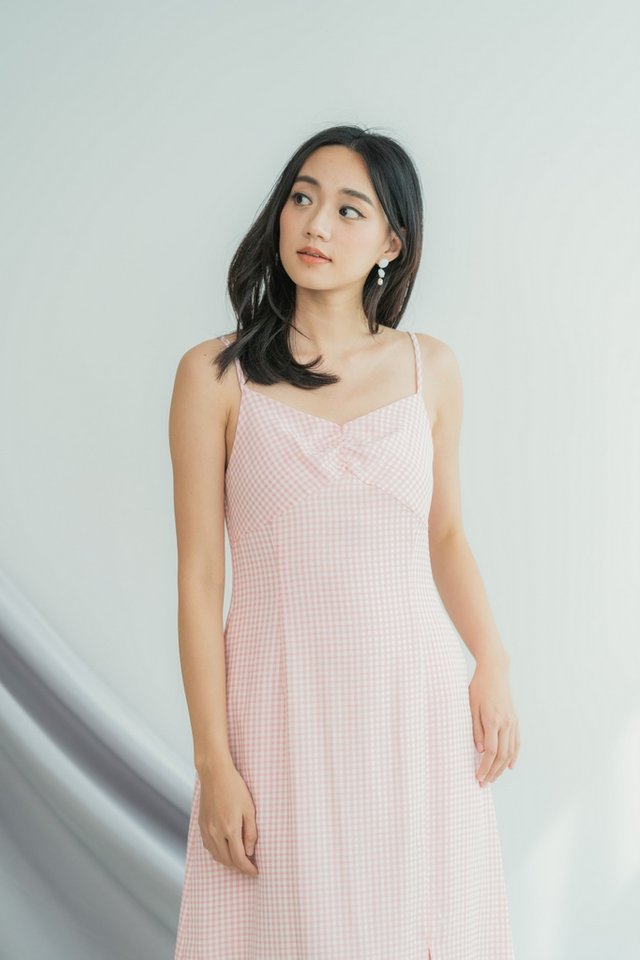 Bevlyn Gingham Ruched Midi Dress in Pink