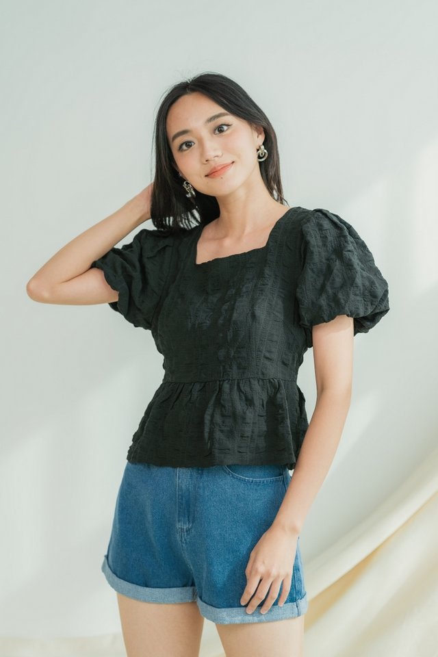 Alora Textured Puffed Sleeves Babydoll Top in Black