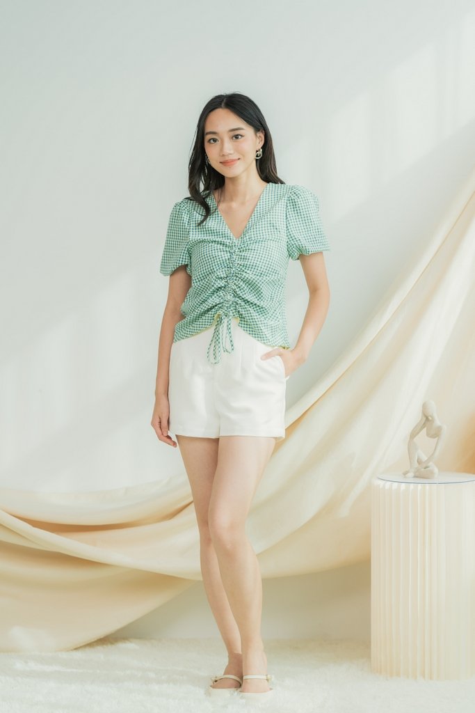 Juhi Gingham Ruched Ribbon Top in Green (XS)
