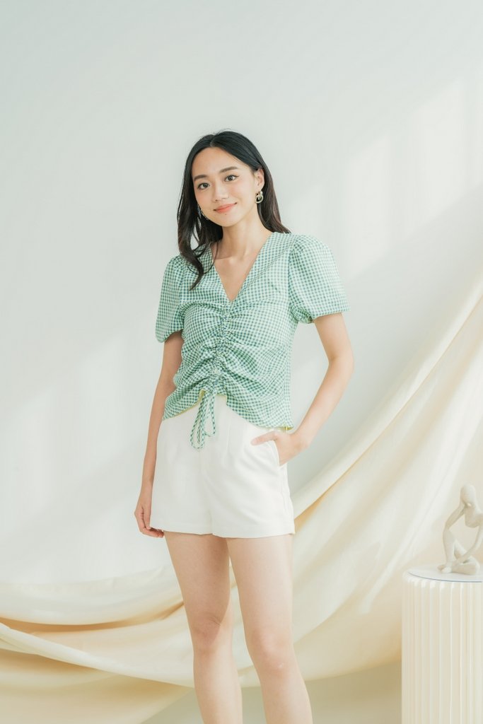 Juhi Gingham Ruched Ribbon Top in Green (XS)