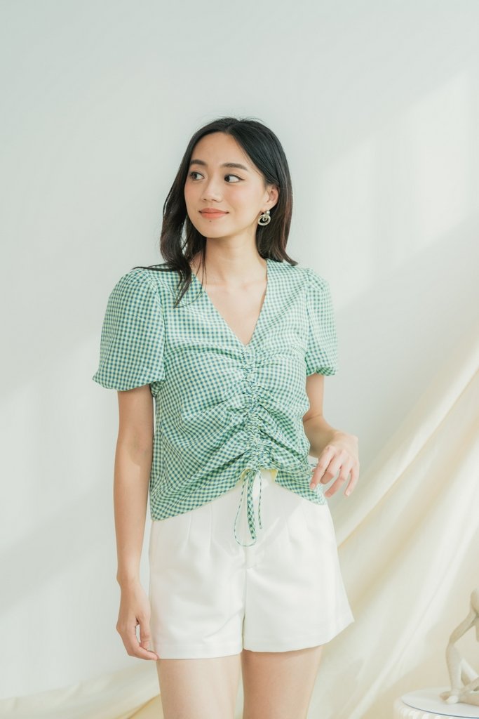 Juhi Gingham Ruched Ribbon Top in Green (XS)