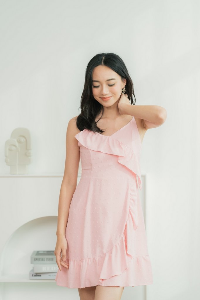 Dianne Swiss Dots Ruffles Dress in Pink